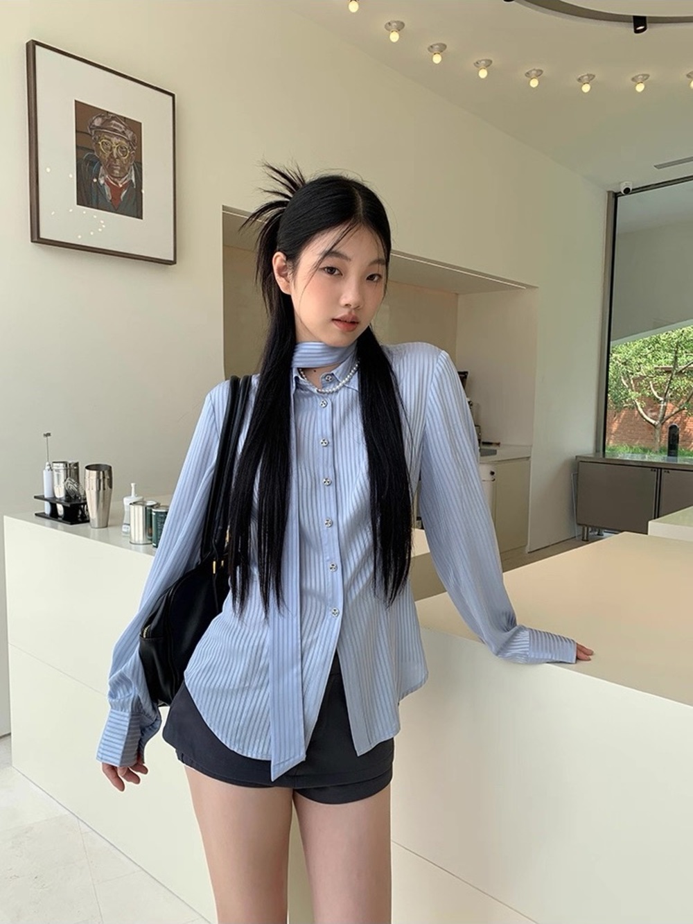 Light Blue Striped Button-Down with Neck Tie